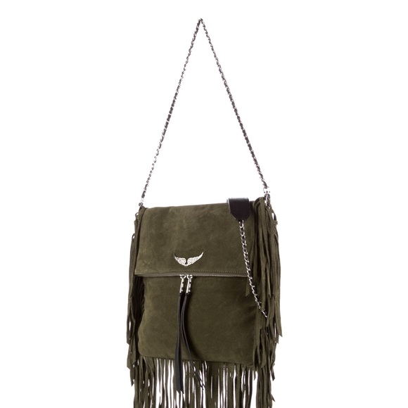 Zadig & Voltaire Rockson Fringes Suede Crossbody Boho Bag military green - Picture 2 of 8